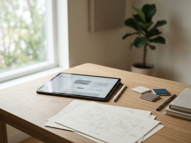 Biurko projektanta z tabletem, rysikiem i szkicami makiet